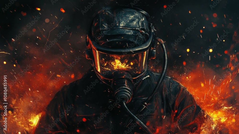 Welder in protective gear, sparks flying, intense and focused, industrial setting, dark background, detailed action Welder in protective gear, sparks flying, intense and focused, industrial setting, dark background, detailed action