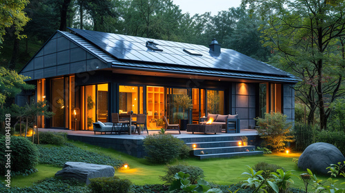 A modern eco-friendly villa with a solar energy cell rooftop solar panels
