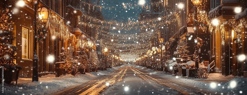 Snowy street with Christmas lights and decorations in winter. Snowy street with Christmas lights and decorations in winter.