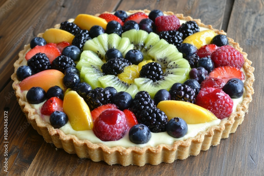 Fresh fruit tart arranged on a rustic wooden table, featuring a variety of seasonal fruits and a creamy filling, perfect for summer gatherings Fresh fruit tart arranged on a rustic wooden table, featuring a variety of seasonal fruits and a creamy filling, perfect for summer gatherings