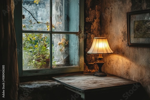 A lamp is on a table next to a window. The lamp is turned on. The window is open photo