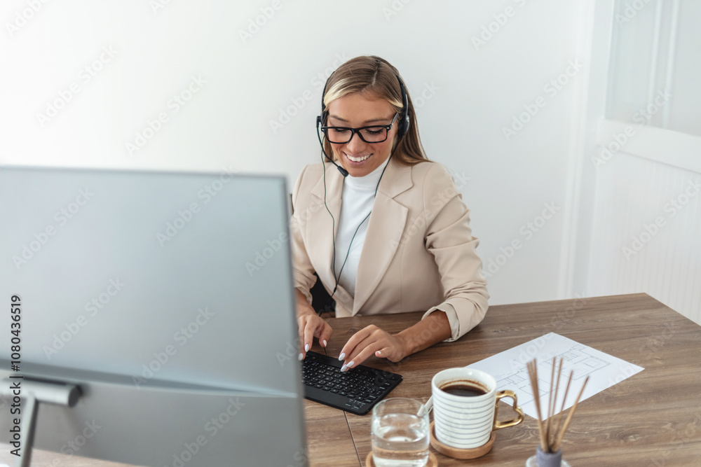Remote work from home, computer and woman with headphones, virtual meeting and documents. Person, freelancer and entrepreneur with pc, headset and online seminar with presentation and communication. Remote work from home, computer and woman with headphones, virtual meeting and documents. Person, freelancer and entrepreneur with pc, headset and online seminar with presentation and communication.