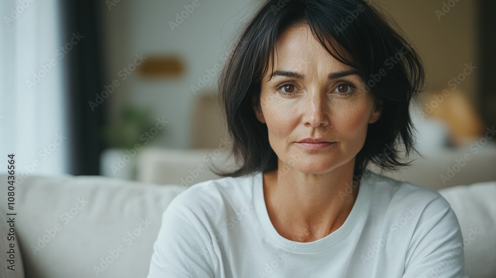 dark-haired middle-aged woman with skin redness, wearing a white t-shirt, sitting on a sofa, blurred soft furniture in the background, natural light, dark-haired middle-aged woman with skin redness, wearing a white t-shirt, sitting on a sofa, blurred soft furniture in the background, natural light,