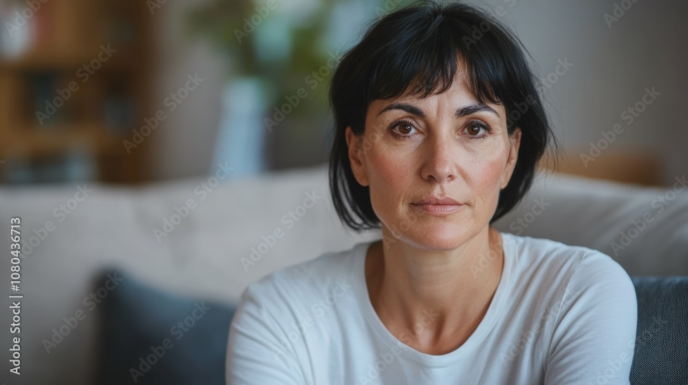 dark-haired middle-aged woman with skin redness, wearing a white t-shirt, sitting on a sofa, blurred soft furniture in the background, natural light, dark-haired middle-aged woman with skin redness, wearing a white t-shirt, sitting on a sofa, blurred soft furniture in the background, natural light,