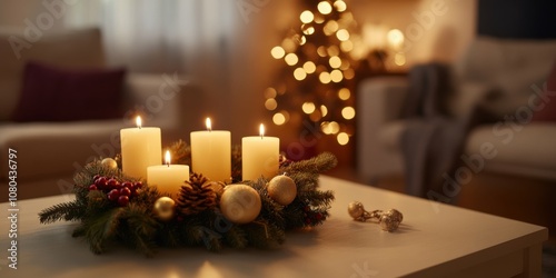 Medium shot of an advent wreath with the first candle lit, placed on a coffee table in a living room decorated for the holidays.