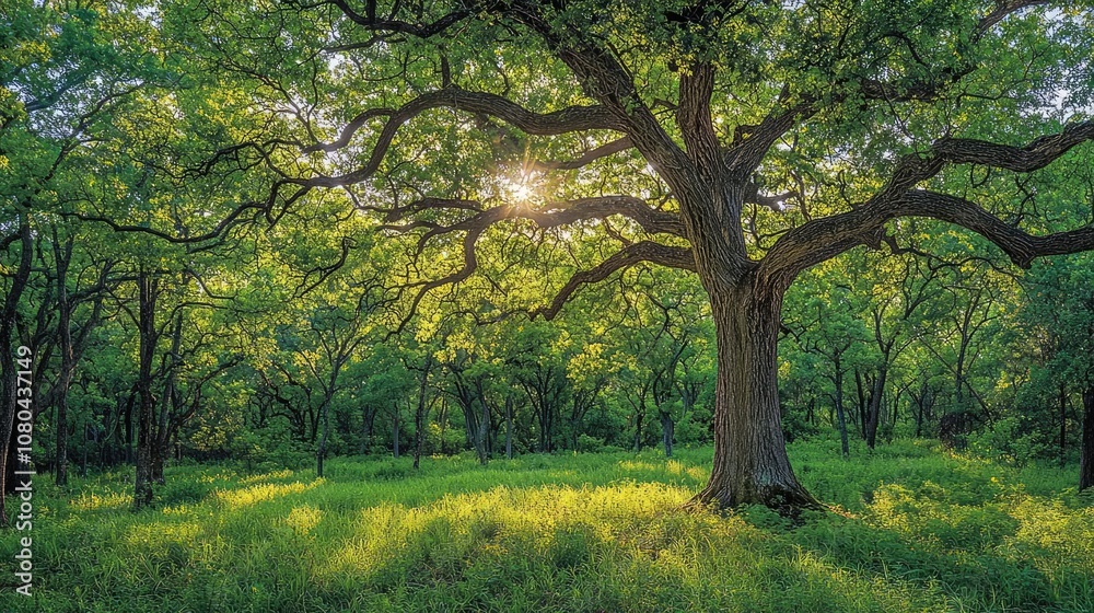 Fototapeta premium Lush green tree with sunlight filtering through leaves in serene forest setting.