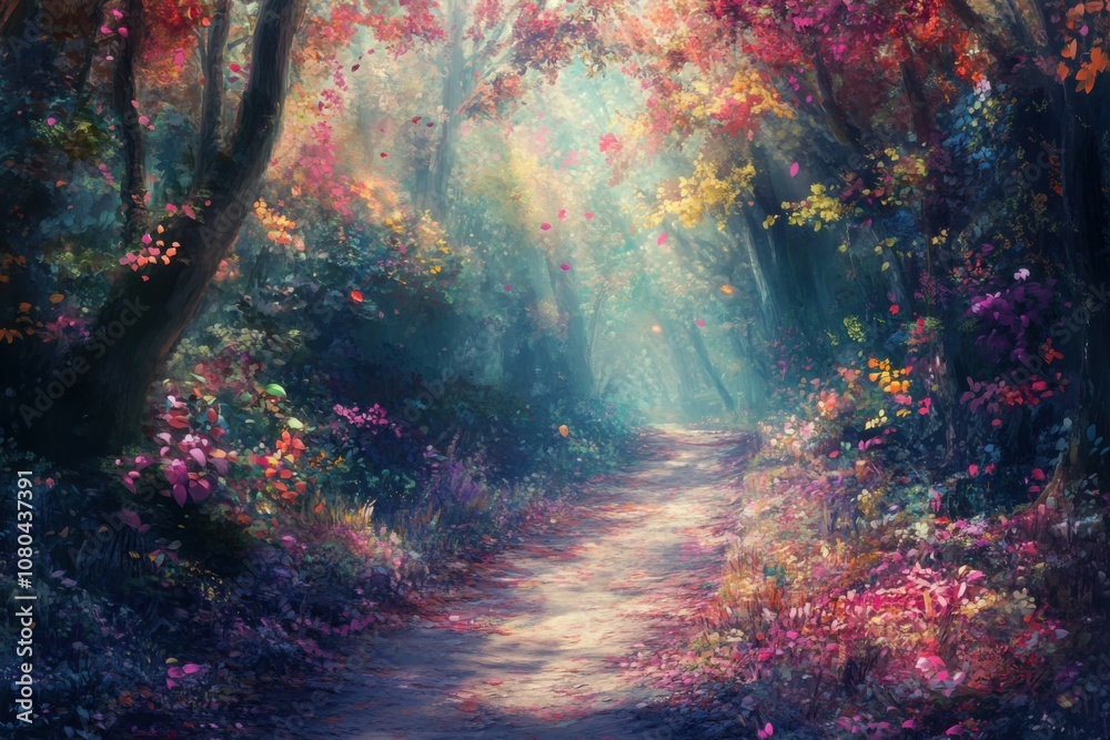 Fototapeta premium Enchanted woodland path with colorful foliage and dappled sunlight. Magical atmosphere filled with wonder and exploration among nature's beauty