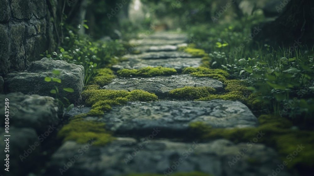 Rustic stone path in an old garden, green moss and vines covering stones, mysterious and enchanted, calm and secluded, natural beauty. Rustic stone path in an old garden, green moss and vines covering stones, mysterious and enchanted, calm and secluded, natural beauty.