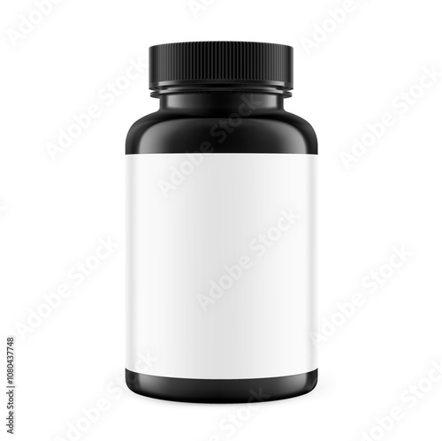 Plastic black packer pill bottle mockup with label for treats, vitamins, supplements isolated on white background. Vector illustration. ready for your design. EPS10.