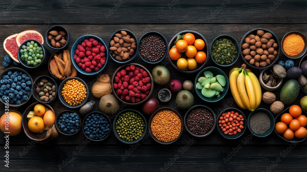 Fototapeta premium Top view of a variety of fresh fruits, nuts, and legumes in bowls on a dark wooden surface, including raspberries, blueberries, almonds, bananas, and citrus fruits.