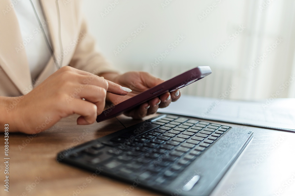 Phone, office and business woman networking on social media, the internet or a mobile app. Technology, corporate and professional company leader browsing on a mobile device in her modern workplace. Phone, office and business woman networking on social media, the internet or a mobile app. Technology, corporate and professional company leader browsing on a mobile device in her modern workplace.