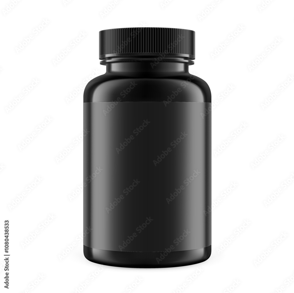 Plastic black packer pill bottle mockup with black label for treats, vitamins, supplements isolated on white background. Vector illustration. ready for your design. EPS10. Plastic black packer pill bottle mockup with black label for treats, vitamins, supplements isolated on white background. Vector illustration. ready for your design. EPS10.