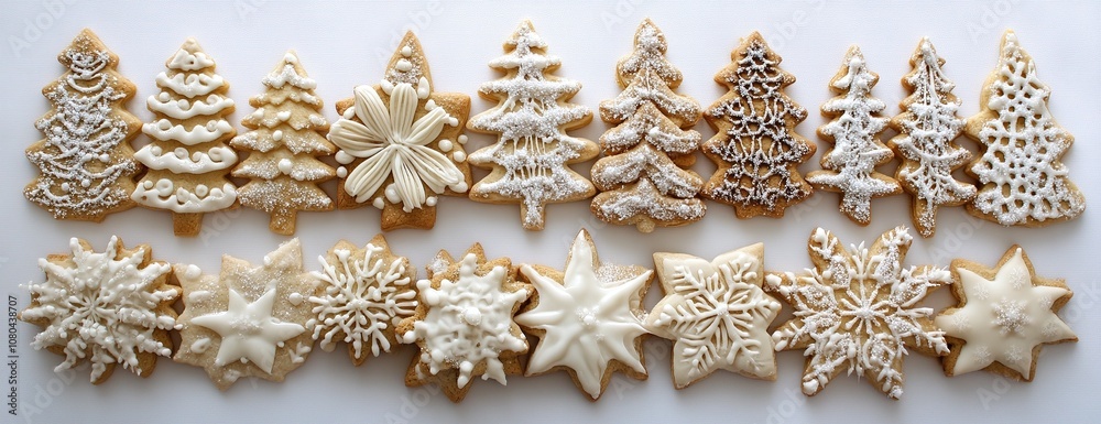 Christmas cookies in the shape of stars, trees, and snowflakes, festive presentation.