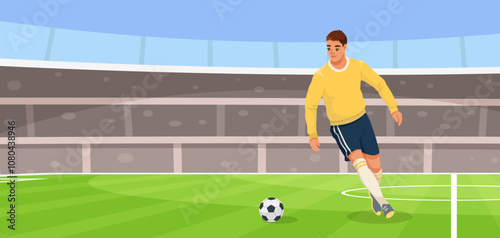 A soccer player in action on the field, with a vibrant stadium background. Vector illustration