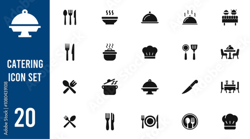 Catering icon set, Fork, spoon, knife, plate, chef hat, and cloche or tray icon,  Restaurant sign and symbol. Vector illustration.