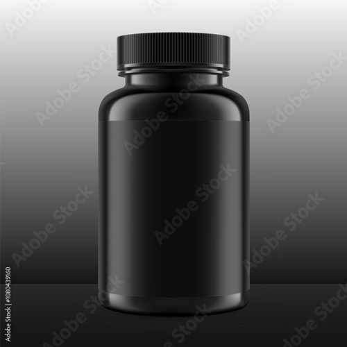Plastic black packer pill bottle mockup with black label for treats, vitamins, supplements on gradient background. Vector illustration. ready for your design. EPS10.
