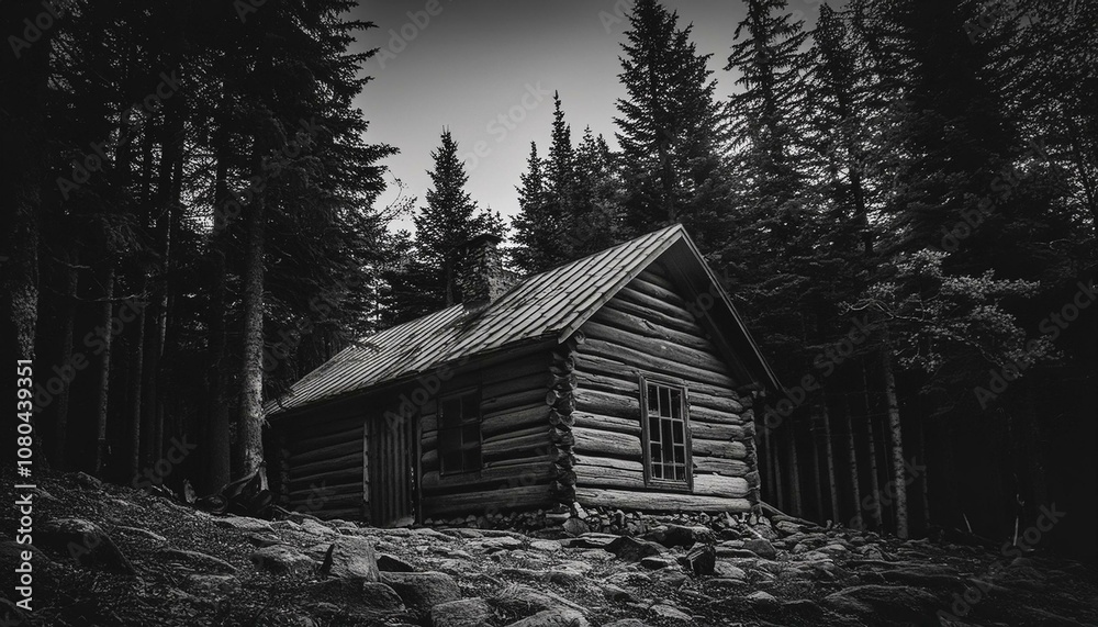 Cabin in the dark woods monochrome image Cabin in the dark woods monochrome image