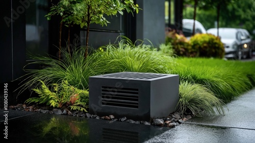 Modern black metal ventilation structure surrounded by lush green plants and wet pavement in urban landscape setting photo