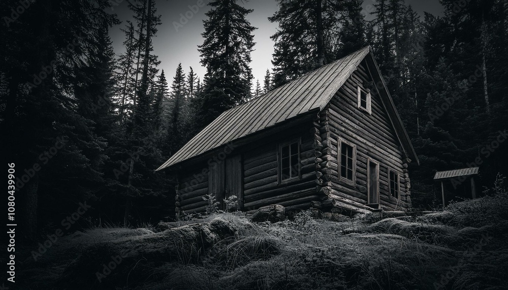 Cabin in the dark woods monochrome image Cabin in the dark woods monochrome image