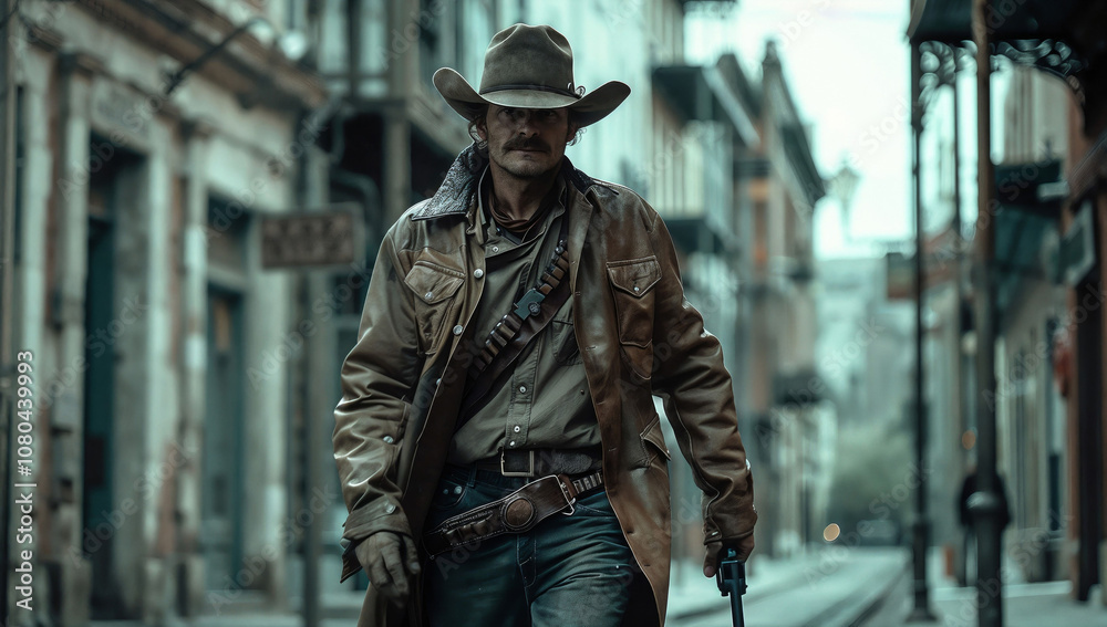 Atmospheric portrait of rugged cowboy with mustache walking down urban street. Wearing leather jacket, cowboy hat and gun holster. Moody cinematic composition with teal color grading Atmospheric portrait of rugged cowboy with mustache walking down urban street. Wearing leather jacket, cowboy hat and gun holster. Moody cinematic composition with teal color grading