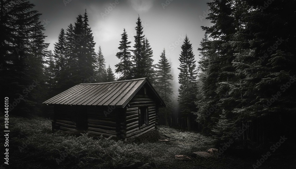 Cabin in the dark woods monochrome image Cabin in the dark woods monochrome image