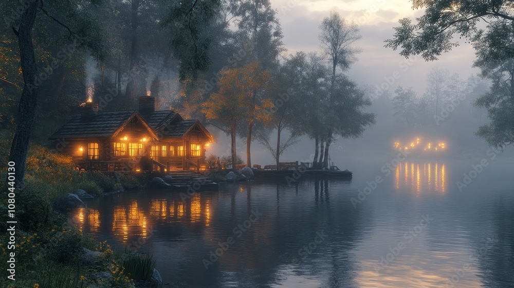 Fototapeta premium A serene lakeside cabin illuminated in the misty evening.