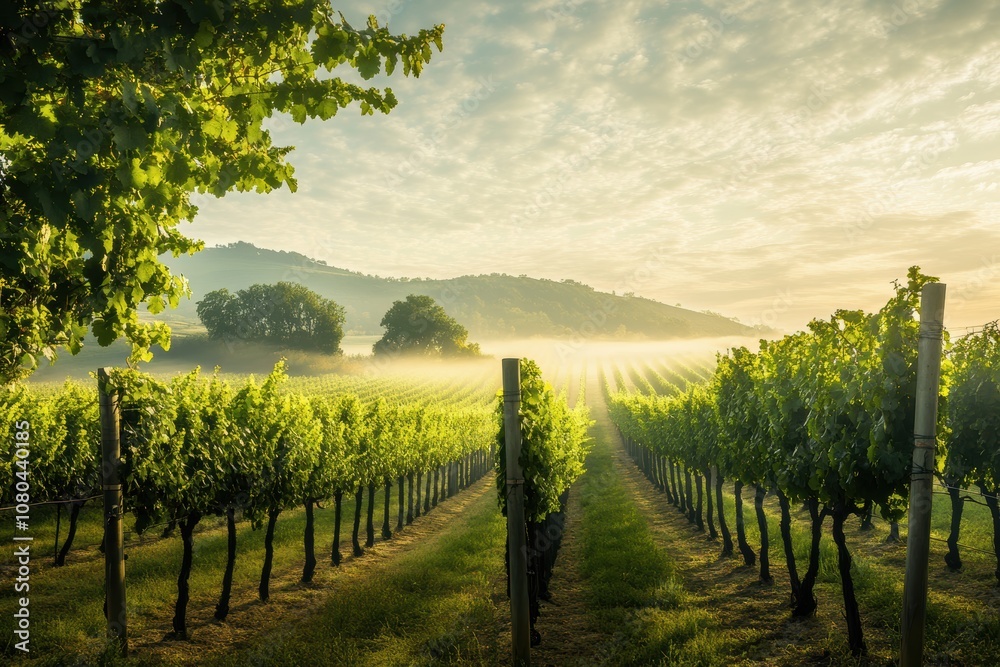 Fototapeta premium Early morning fog over vineyard rows creating a serene landscape for agricultural inspiration