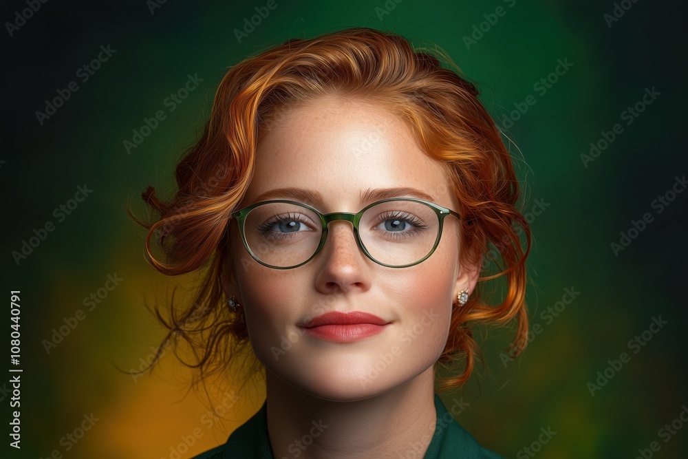 Obraz premium The young woman with curly red hair and glasses shows a calm expression against a bright, colorful backdrop
