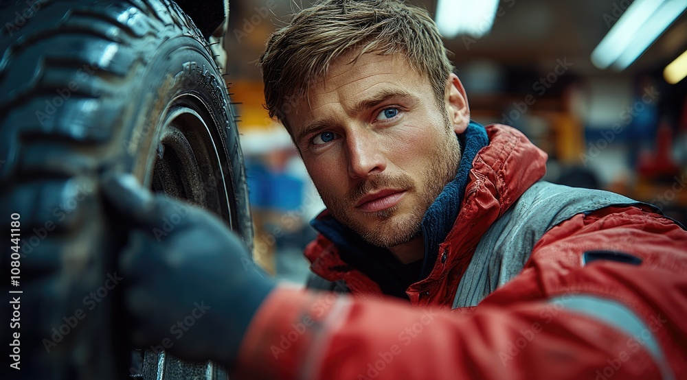 A mechanic inspects a tire in a garage. A mechanic inspects a tire in a garage.