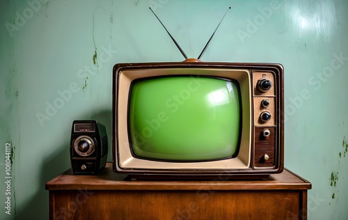Retro TV with Green Screen on Wooden Cabinet