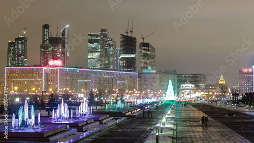 View from Poklonnaya Hill business center Moscow City timelapse hyperlapse. Russia, Moscow