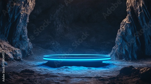Podium highlight marketing, A futuristic glowing platform in a cave setting.
