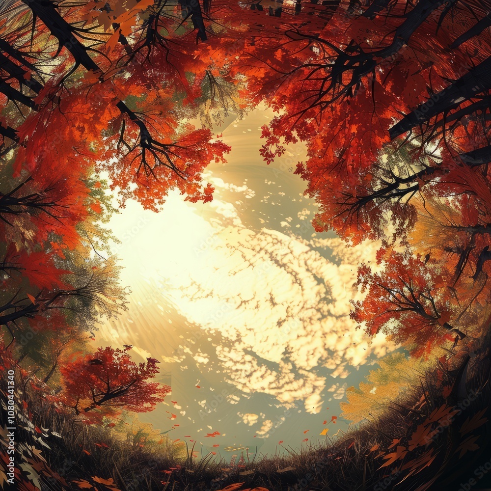 A beautiful autumn scene with trees in the background and a clear blue sky. The leaves on the trees are orange and falling, creating a warm and cozy atmosphere A beautiful autumn scene with trees in the background and a clear blue sky. The leaves on the trees are orange and falling, creating a warm and cozy atmosphere