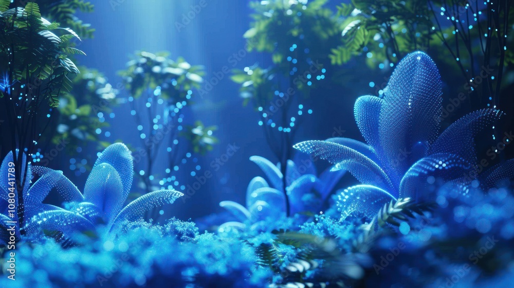 A mystical forest with glowing blue plants and a beam of light shining through the trees. A mystical forest with glowing blue plants and a beam of light shining through the trees.