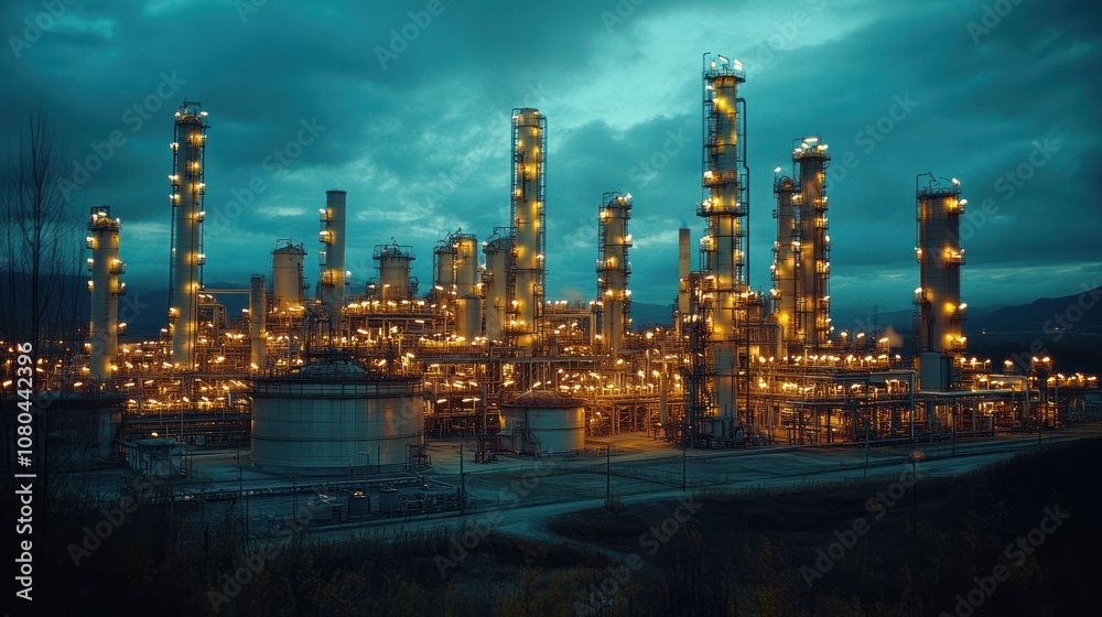 A large industrial refinery complex illuminated at night with tall towers and pipes against a dramatic cloudy sky. A large industrial refinery complex illuminated at night with tall towers and pipes against a dramatic cloudy sky.