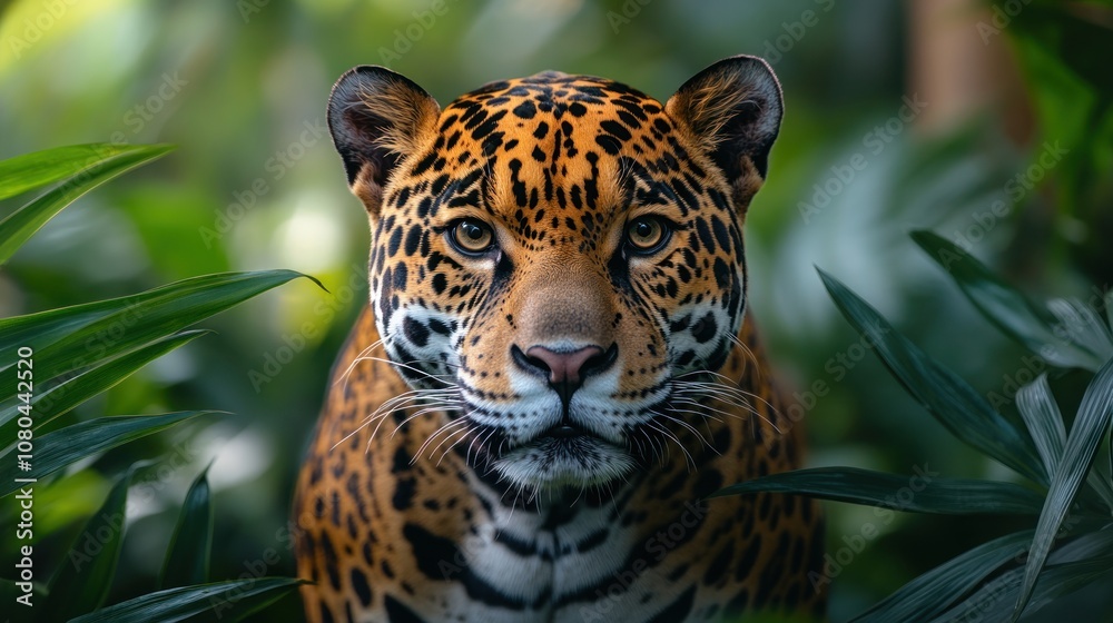 A jaguar with a fierce gaze looks directly at the camera from the lush green jungle. A jaguar with a fierce gaze looks directly at the camera from the lush green jungle.