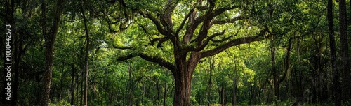 A majestic oak tree stands tall in a serene forest surrounded by lush greenery.