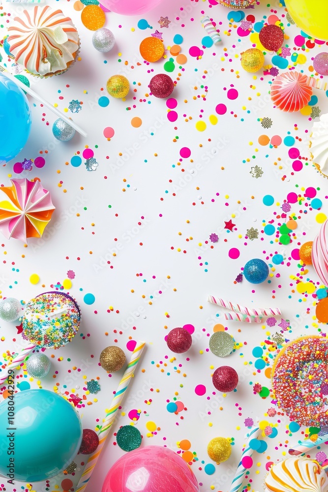 Bright and cheerful celebration background with colorful party props on a pristine white canvas. Bright and cheerful celebration background with colorful party props on a pristine white canvas.