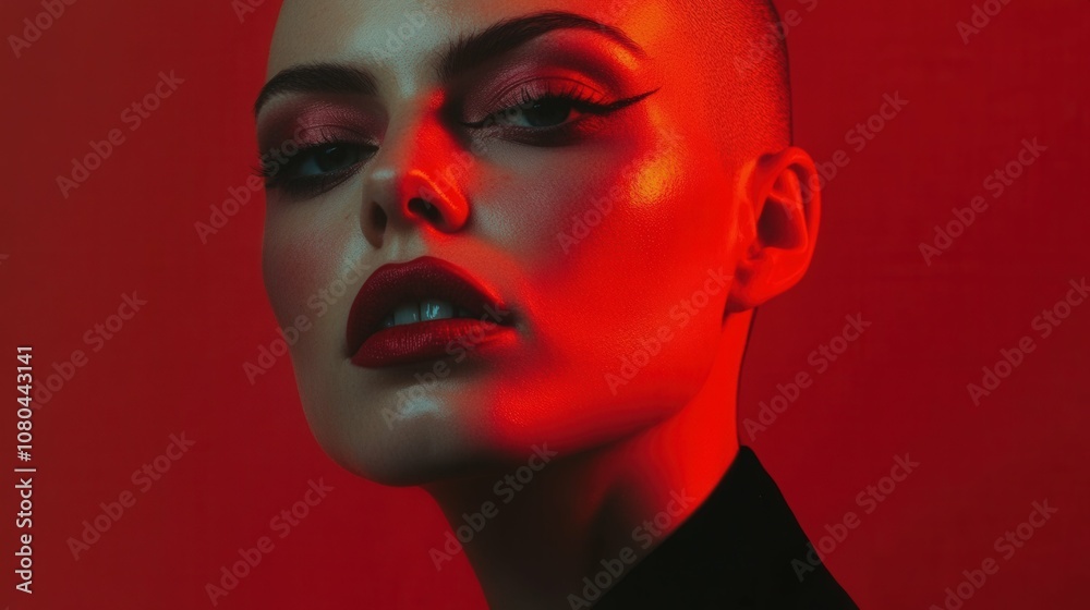 Woman with a shaved head and bold makeup, strong expression, background blurred for focus, Woman with a shaved head and bold makeup, strong expression, background blurred for focus,