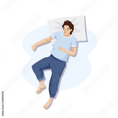 A man lies asleep on a bed with a pillow, in a flat graphic style, on a light background. Concept of relaxation. Vector illustration