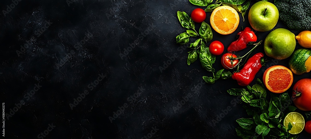 Healthy Fruits and vegetables on a black background, Generative AI Healthy Fruits and vegetables on a black background, Generative AI