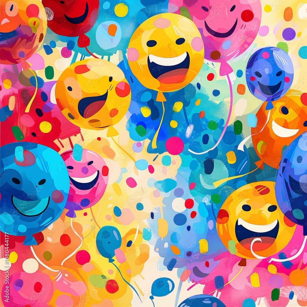 Cheerful illustration featuring happy faces, balloons, and confetti for a lively and colorful party setting. Cheerful illustration featuring happy faces, balloons, and confetti for a lively and colorful party setting.
