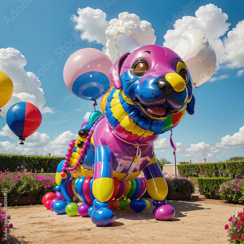 a dog made entirely of balloons, similar to the balloon animals in circus art. These balloons are given bright, shiny colors that reflect light photo