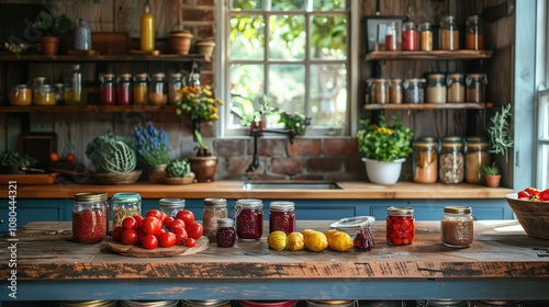 Jars of Preserved Food on a Rustic Kitchen Countertop