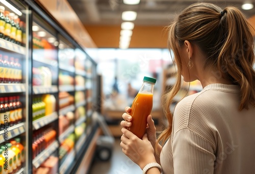 Woman Choosing Healthy Orange Juice in Grocery Store Aisle