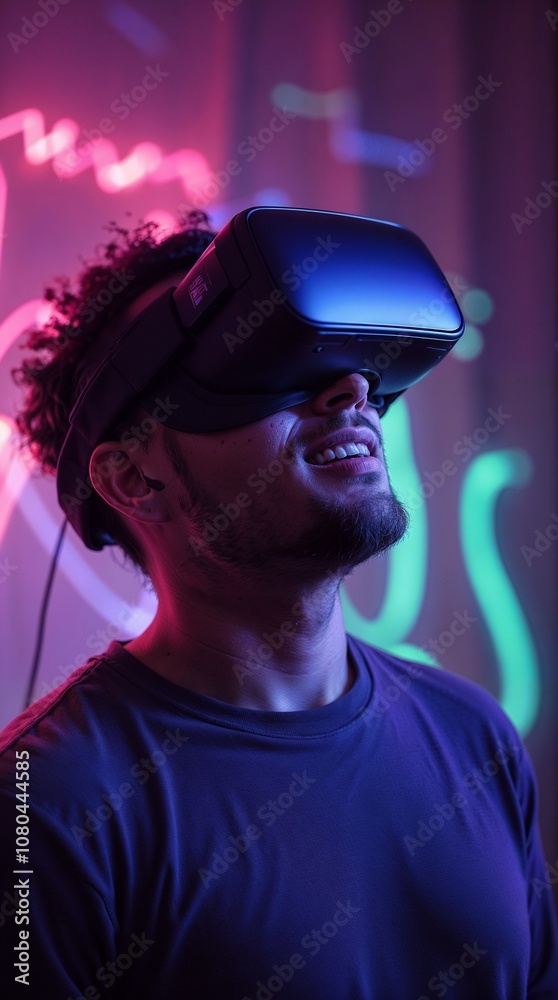 Man in virtual reality glasses against a background of multi-colored bokeh Man in virtual reality glasses against a background of multi-colored bokeh