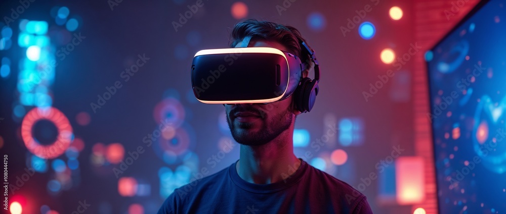Man in virtual reality glasses against a background of multi-colored bokeh Man in virtual reality glasses against a background of multi-colored bokeh