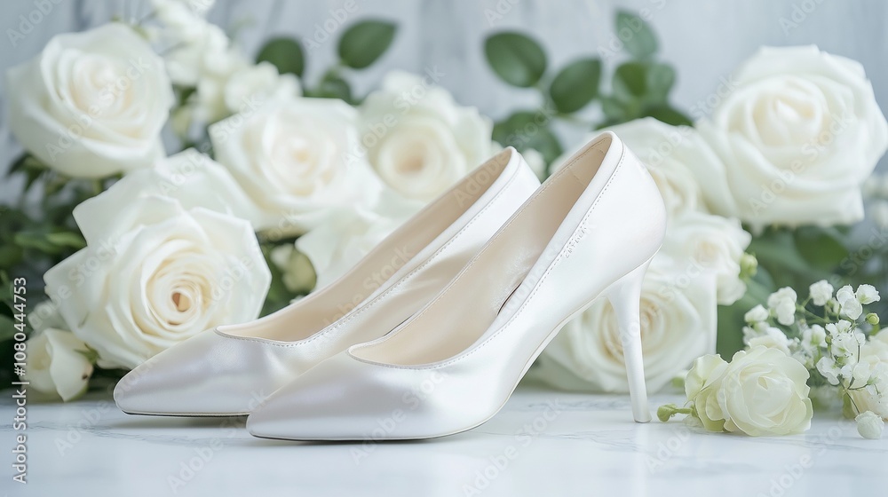 Obraz premium ballerina pointe shoes on a white table with white roses
