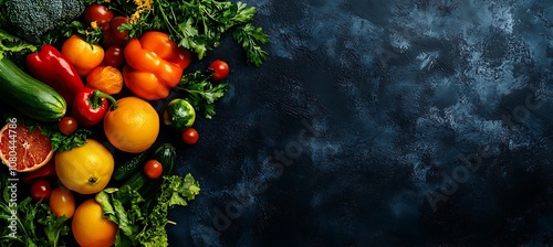 Healthy Fruits and vegetables on a black background, Generative AI