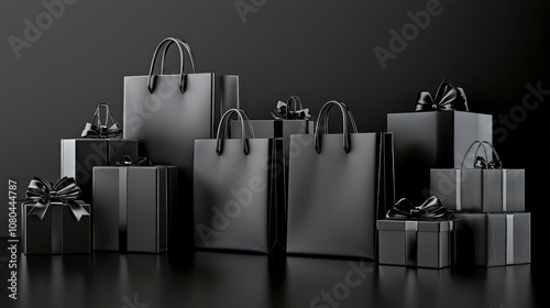 Black Friday background with glossy black shopping bags and gift boxes with metallic ribbon accents